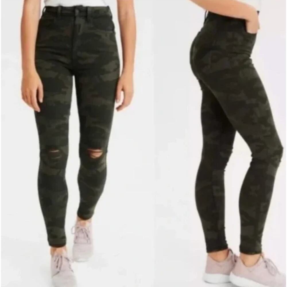 American Eagle Green Camouflage Stretch Curvy Super Hi-Rise‎ Jegging Size 4